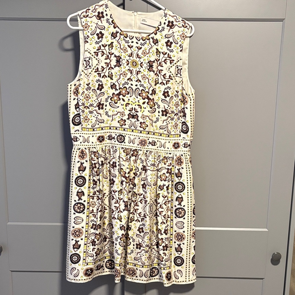 Tory Burch Sleeveless Floral Print Fit & Flare Dress - Cream, Brown & Yellow